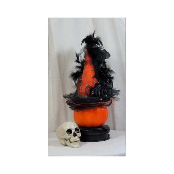 Fancy Witch Hat Fascinator - Orange Hat w/Tulle & Black Feathers - Halloween Hat - Picture 10 of 14